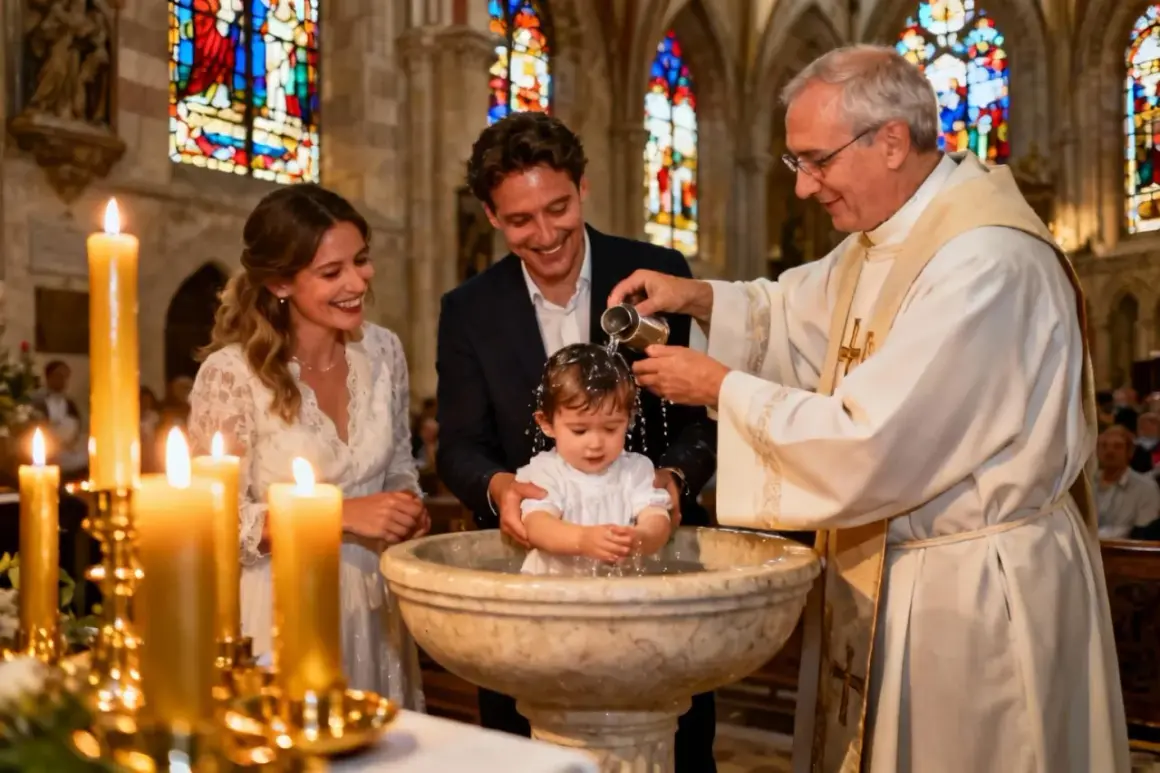 Cérémonie de baptême dans une église. Un bébé est aspergé d'eau. Comment retrouver sa date de baptême ? Les parents souriants assistent.