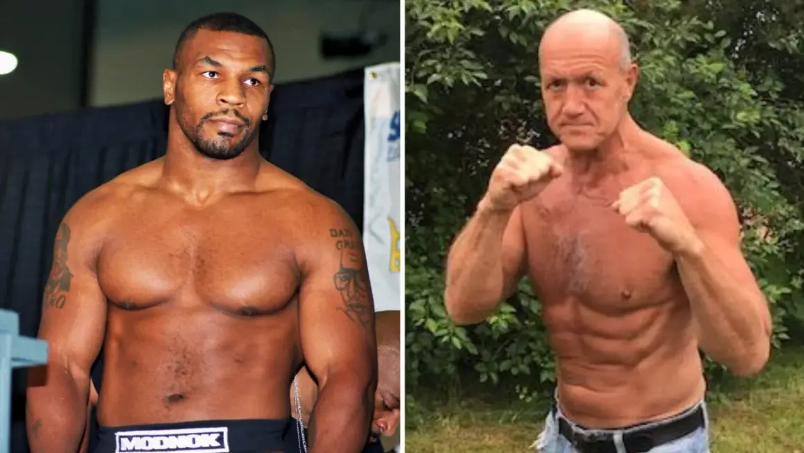 Håkan Brock i boxningsställning, bredvid en bild på Mike Tyson.