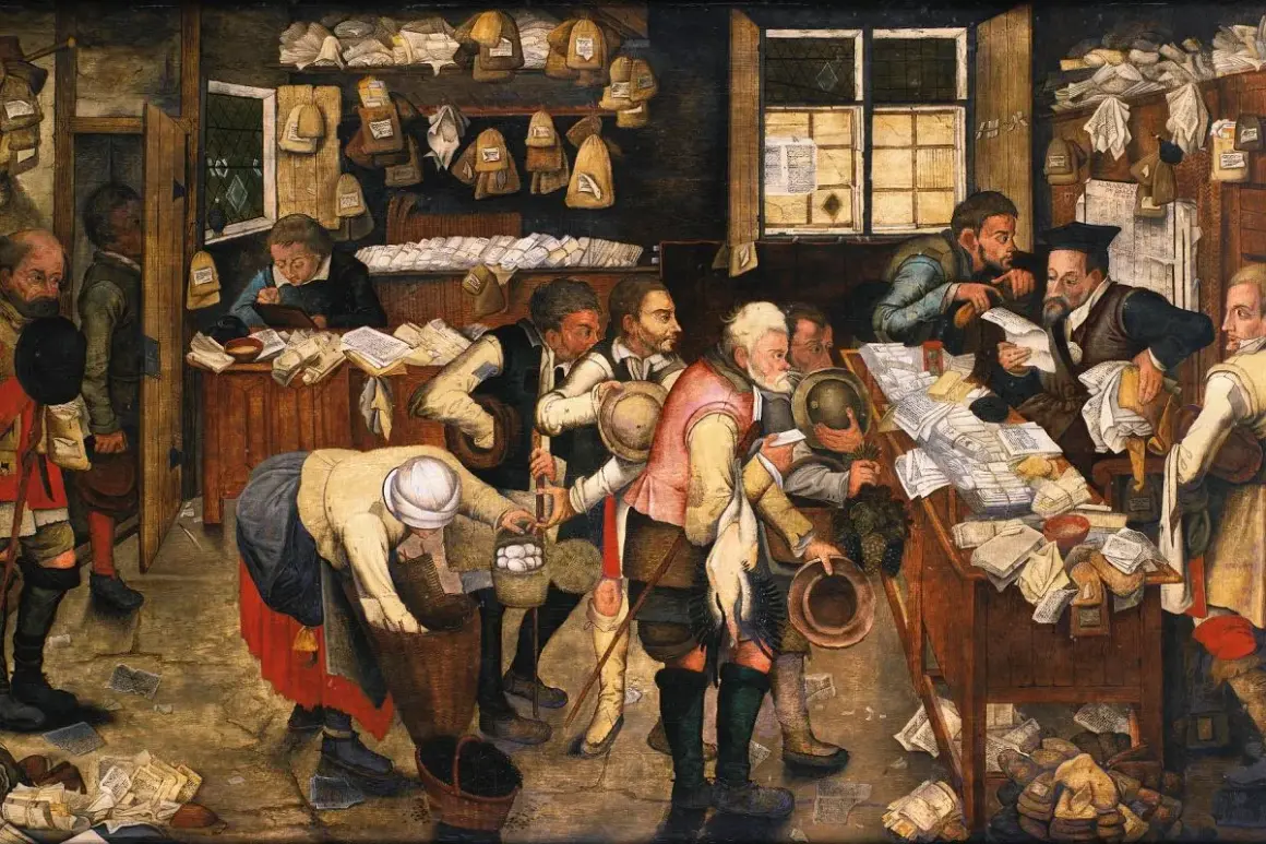 Scena targowa z obrazu **Pieter Brueghel Młodszy**. Ludzie kupują i sprzedają, wśród nich kobieta z koszem jajek.