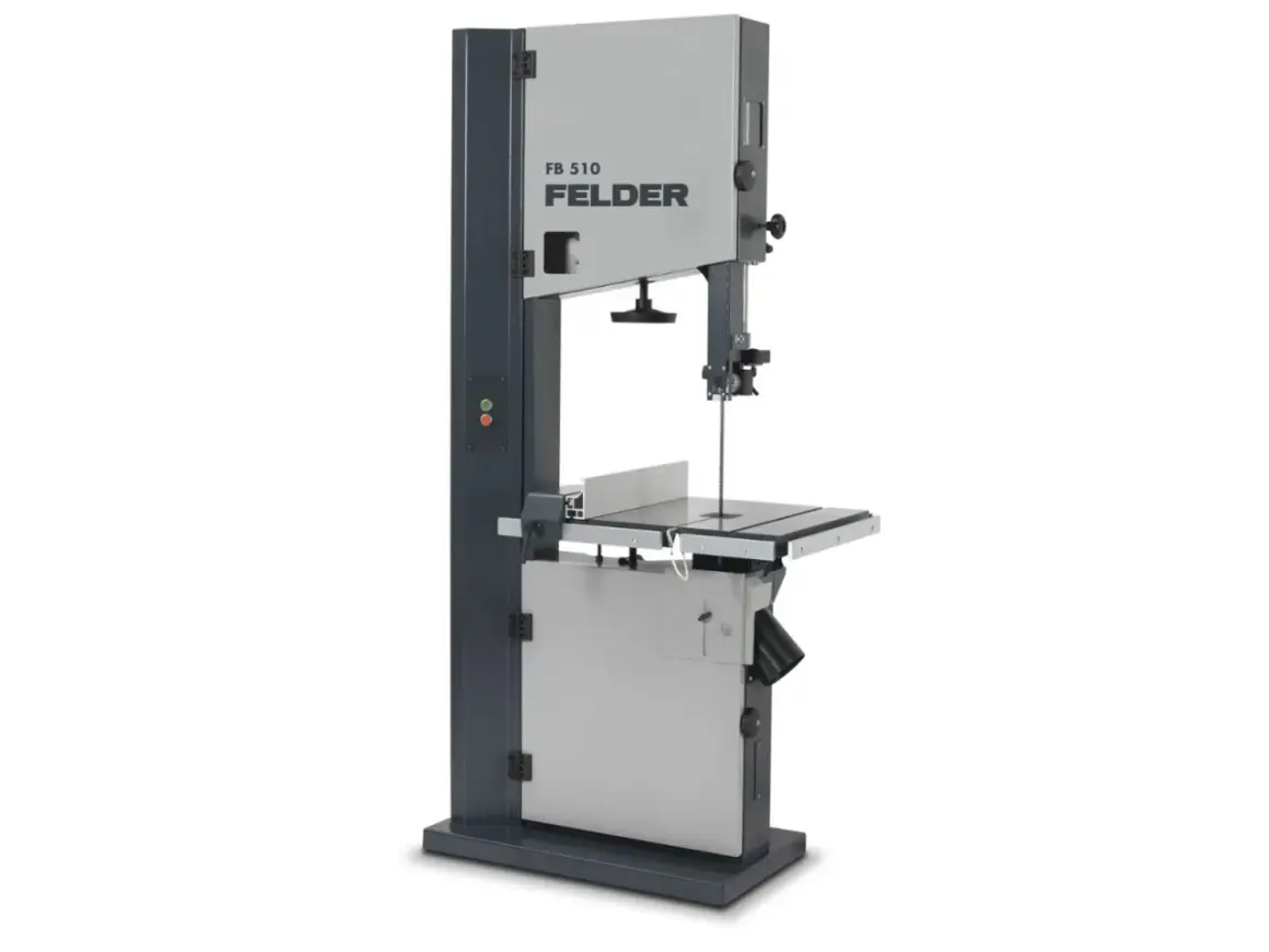 Une scie à ruban FELDER FB 510, machine professionnelle pour la découpe du bois, avec son design gris et anthracite.