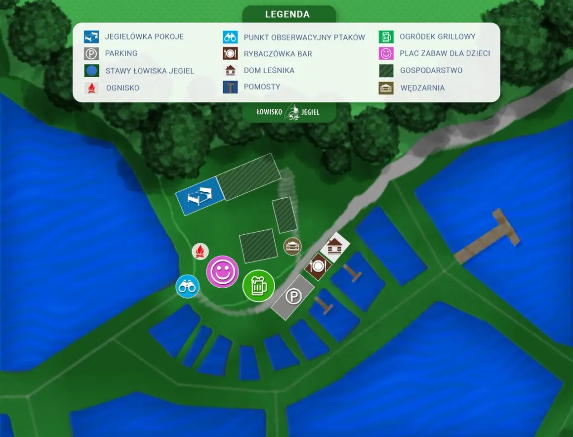 Mapa łowiska Jegiel z legendą: pokoje, parking, stawy, ognisko, punkt widokowy, bar, dom leśnika, pomosty, grill, plac zabaw, gospodarstwo, wędzarnia.