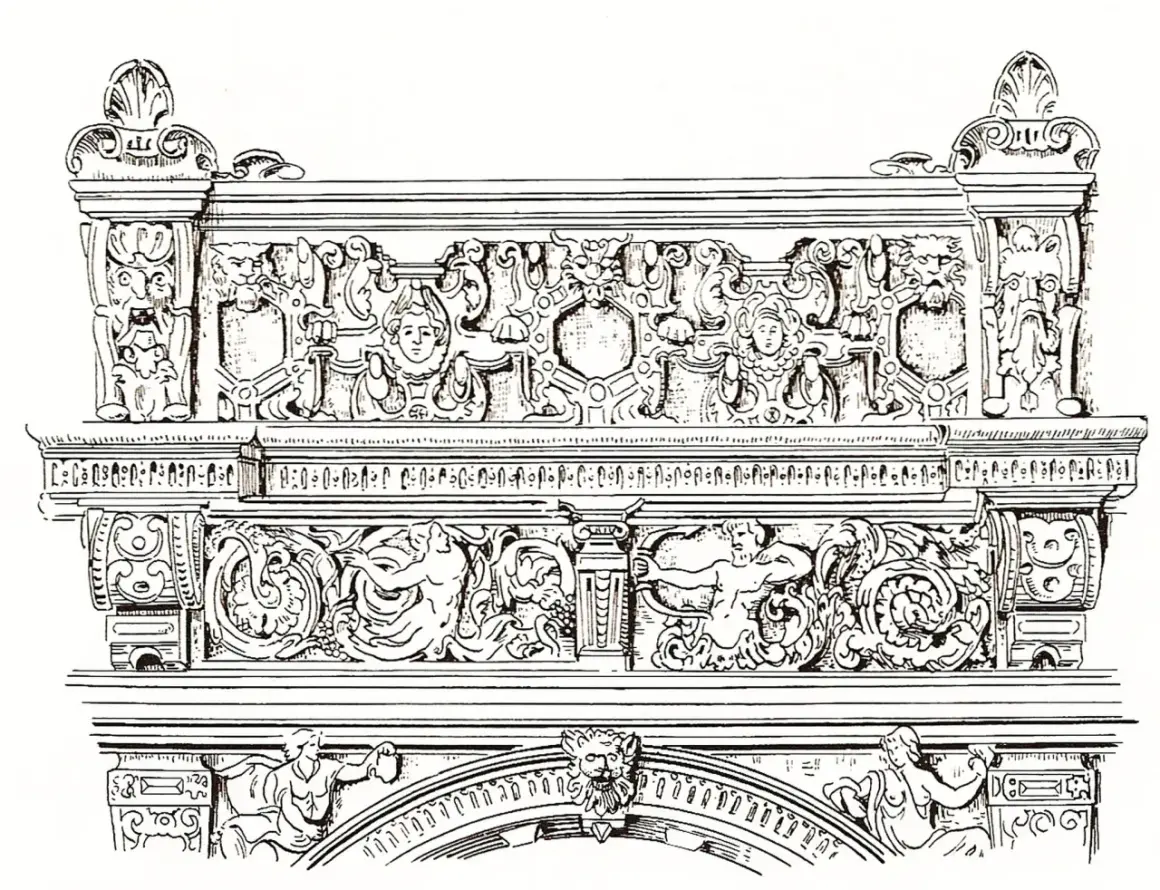 Bogaty ornament okuciowy z groteskami, twarzami, muszlami i postaciami mitologicznymi.