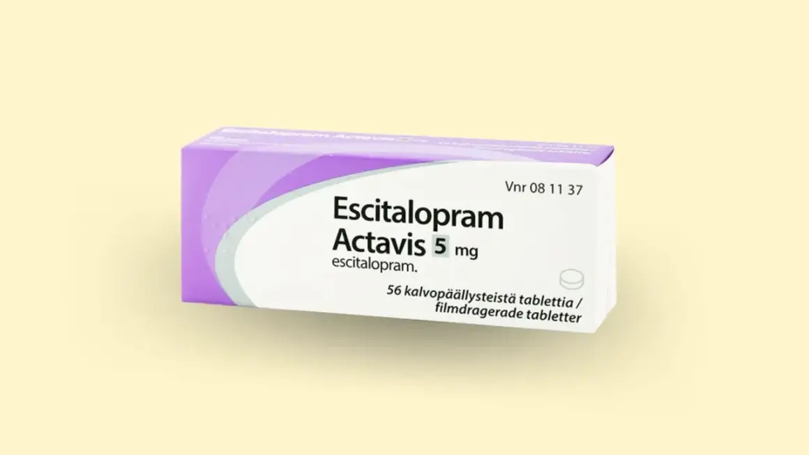 Opakowanie leku Escitalopram Actavis 5 mg, zawierające 56 tabletek.
