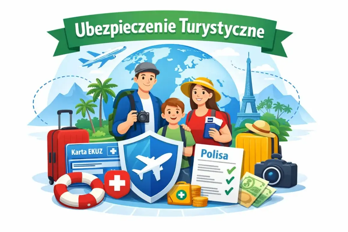 Rodzina gotowa na podróż, z walizkami i aparatem. W tle globus, samolot i Wieża Eiffla. Zastanawiasz się, jakie ubezpieczenie turystyczne wybrać?
