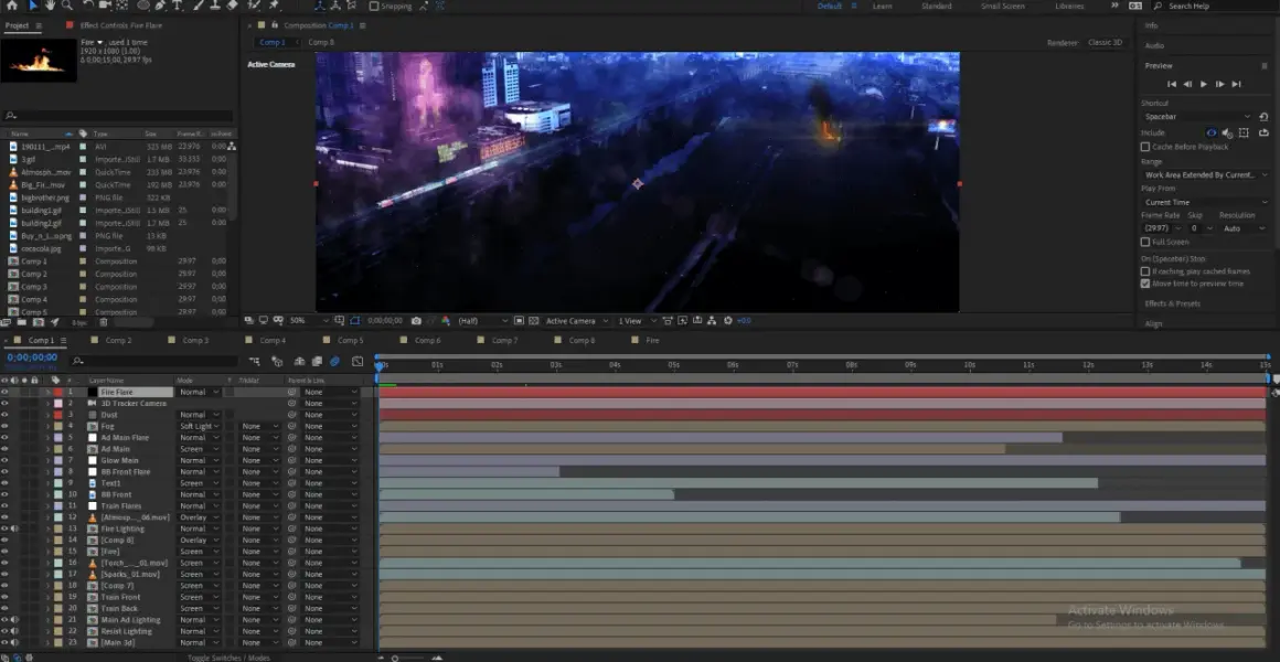 After Effects timeline showing layers for a scene with fire flares, fog, and 3D camera tracking, a common setup for visual effects work.