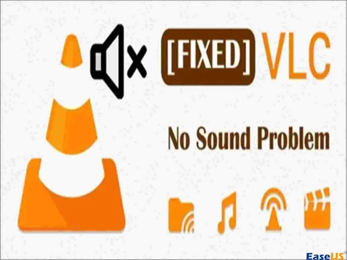 VLC no sound problem fixed. The image shows the VLC logo with a muted speaker icon and text indicating a solution for no sound issues.