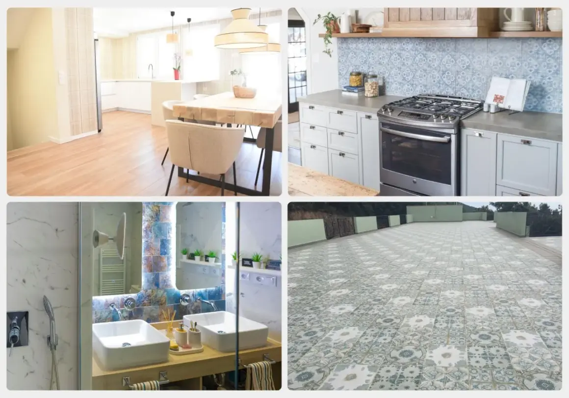 Cocina moderna, baño elegante y terraza con baldosas de gres. El gres es un material cerámico resistente y versátil.
