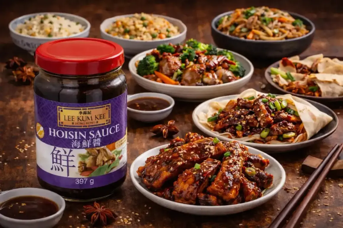 En burk Lee Kum Kee Hoisin Sauce står framför en festmåltid med asiatiska rätter. Glasnudlar, kycklingvingar och anka i pannkakor är några av de läckra rätterna.