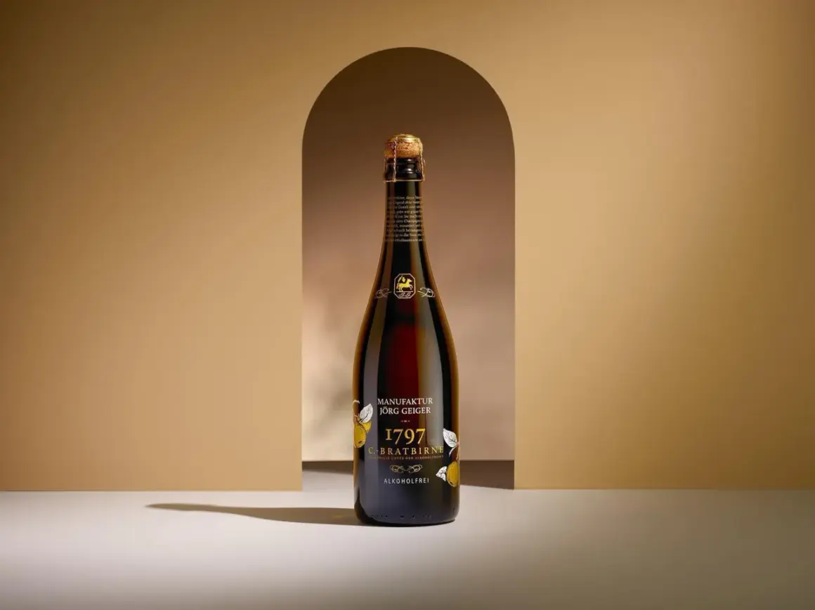 Eine Flasche "1797 C-Bratbirne" von Manufaktur Jörg Geiger, eine edle Champagner Alternative, steht im Scheinwerferlicht.