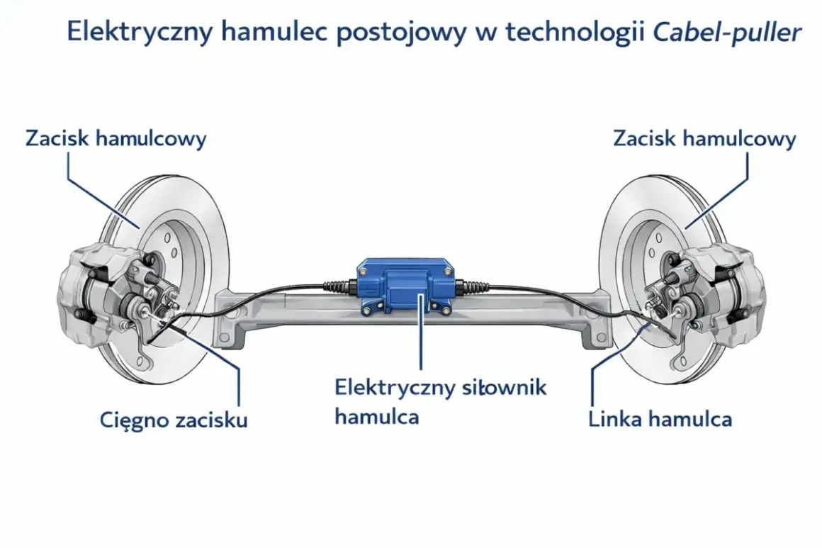 Schemat elektrycznego hamulca postojowego: zaciski hamulcowe, cięgno, linka i elektryczny siłownik hamulca.