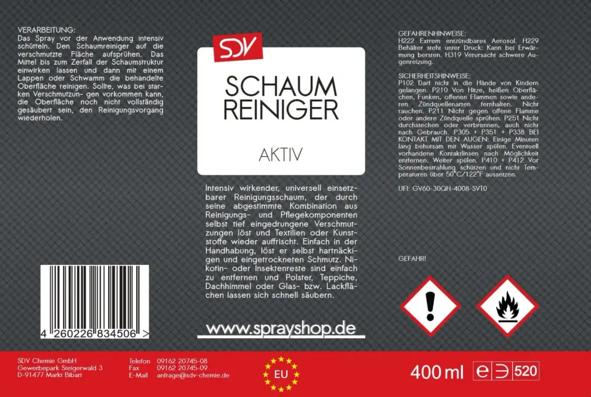SDV Schaumreiniger: effektiv gegen Nikotin und hartnäckigen Schmutz auf vielen Oberflächen. Einfache Anwendung.