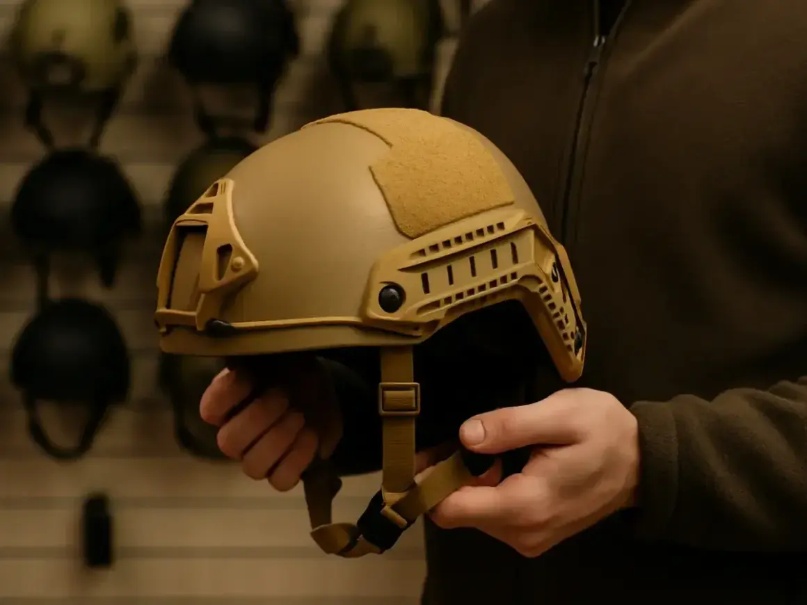 Manos sostienen un casco de combate táctico color arena, con rieles laterales y velcro para accesorios.