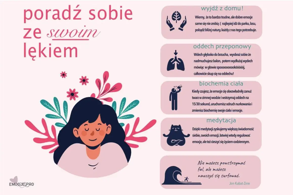 Ilustracja pokazuje spokojną dziewczynę otoczoną kwiatami i liśćmi, z tekstem "poradź sobie ze swoim lękiem". Obok znajdują się porady, jak radzić sobie z lękiem.