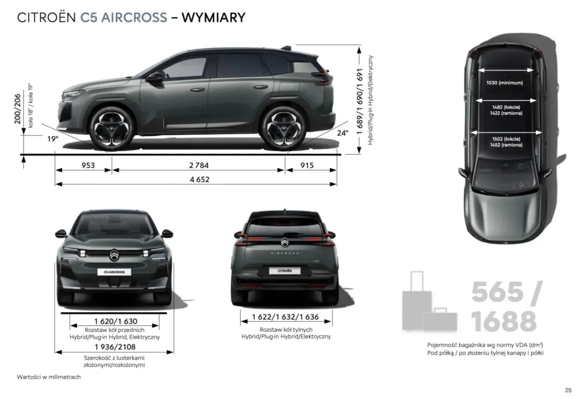 Citroën C5 Aircross: wymiary, w tym pojemność bagażnika 565/1688 dm³ pod półką / po złożeniu kanapy.