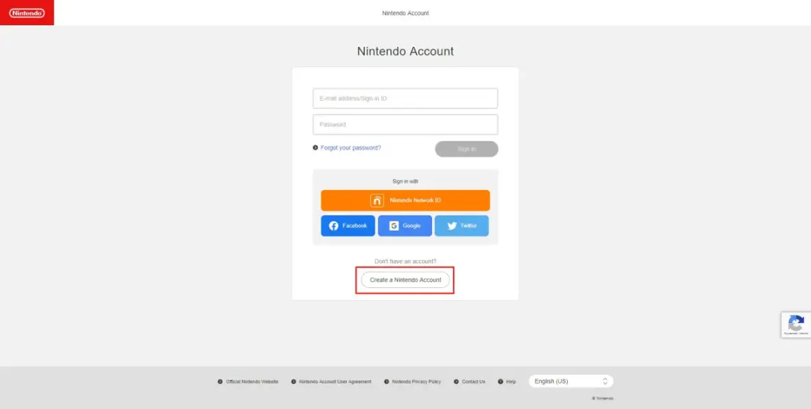 Strona logowania Nintendo. Kliknij "Create a Nintendo Account", aby dowiedzieć się, jak założyć konto na Nintendo Switch.