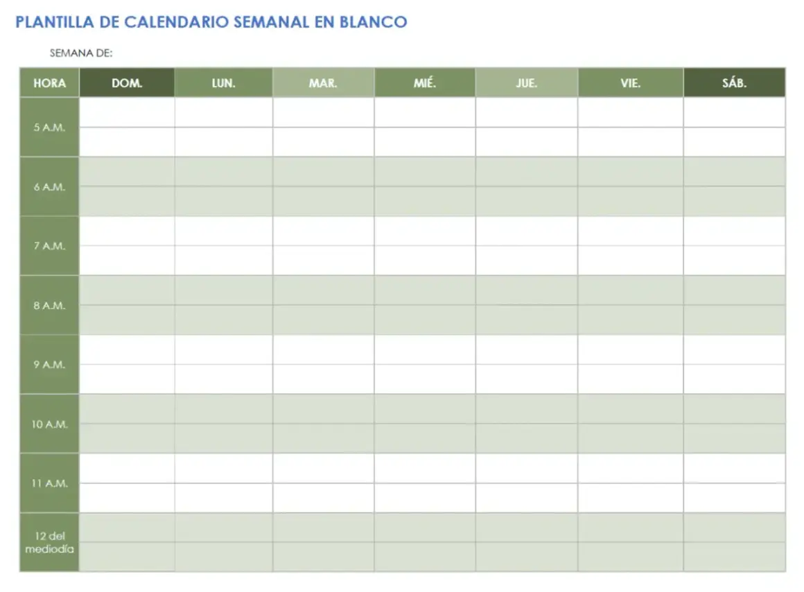 Plantilla calendario semanal en blanco con horas y días de la semana para organizar tu tiempo.