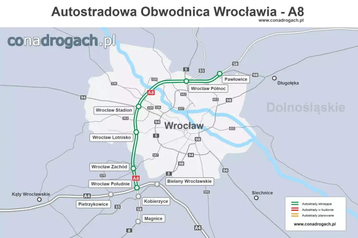Mapa Autostradowej Obwodnicy Wrocławia - A8, pokazująca istniejące i planowane odcinki dróg wokół miasta.