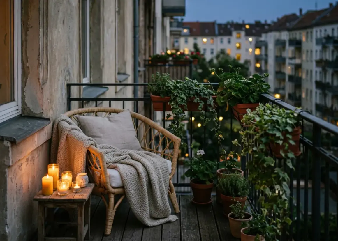 Przytulny balkon z wiklinowym fotelem, kocem i poduszką. Kilka świec tworzy ciepły blask, idealny pomysł na oświetlenie balkonu. W tle widać miasto nocą.