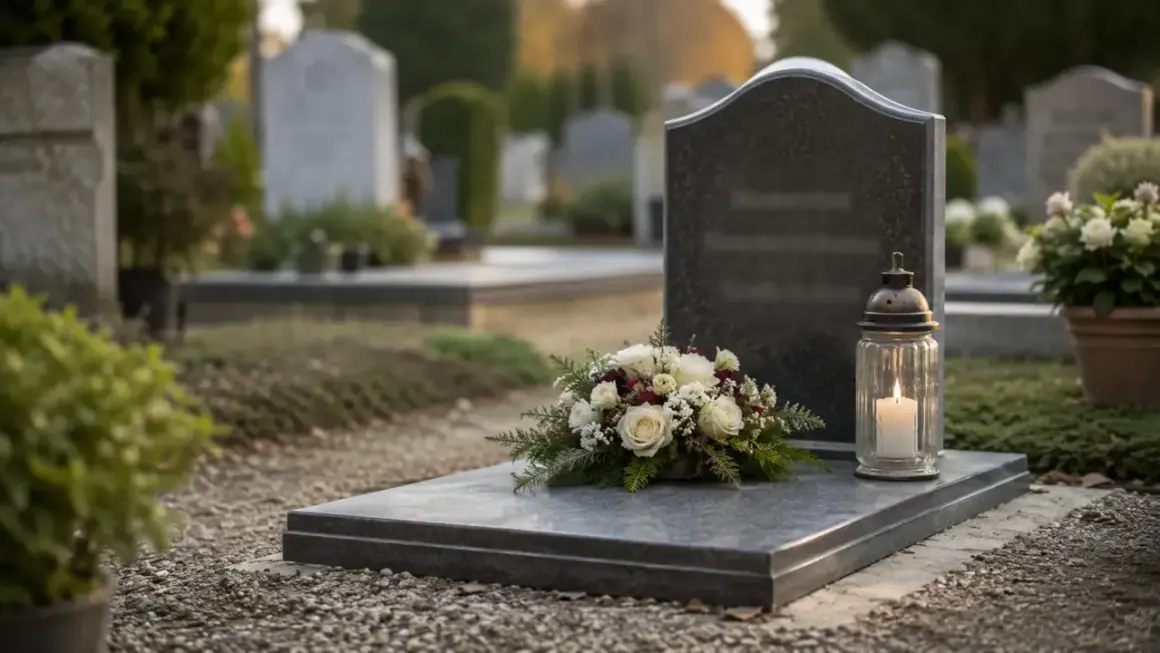 Wieniec z białych róż i iglastych gałązek, symbolizujący styl dekoracyjny we florystyce, spoczywa na płycie nagrobnej obok płonącej świecy.