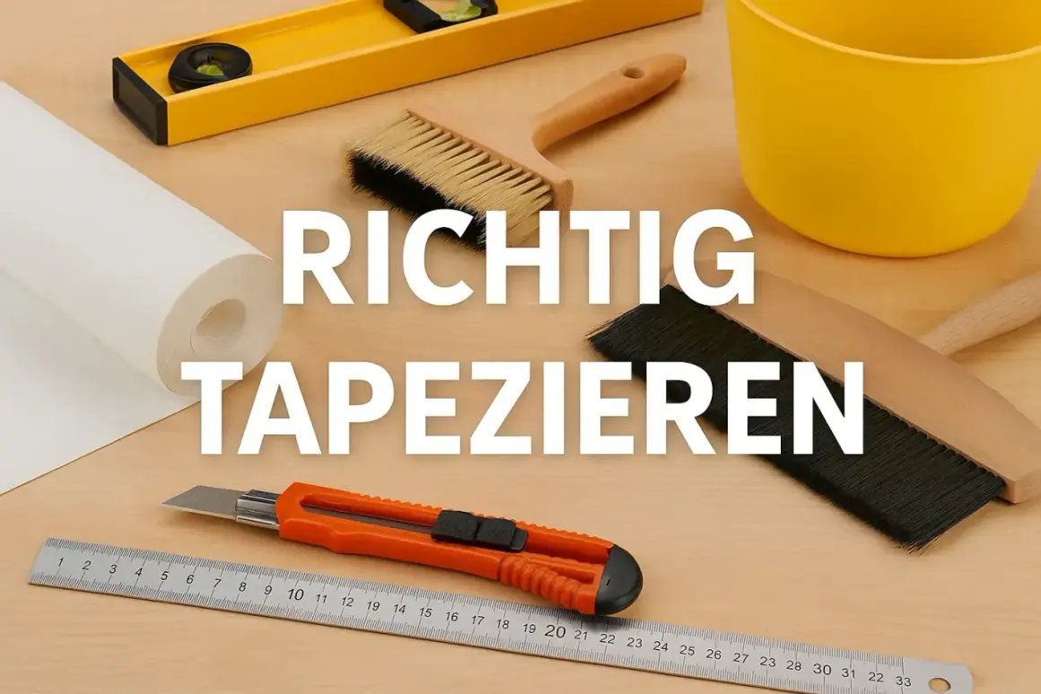 Werkzeug zum Tapezieren: Tapetenrolle, Wasserwaage, Bürsten, Eimer, Cuttermesser und Lineal. So gelingt das Tapezieren richtig.