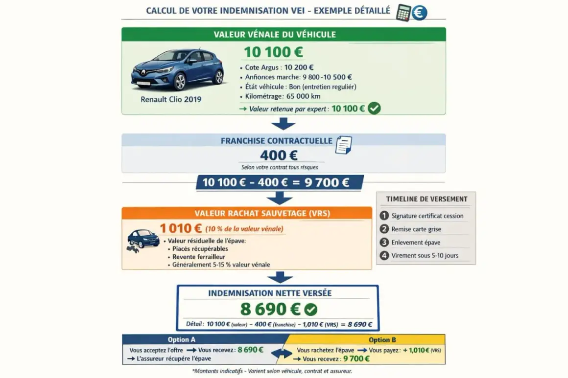 Calcul d'indemnisation pour une voiture épave : valeur vénale, franchise, rachat et remboursement de l'assurance.