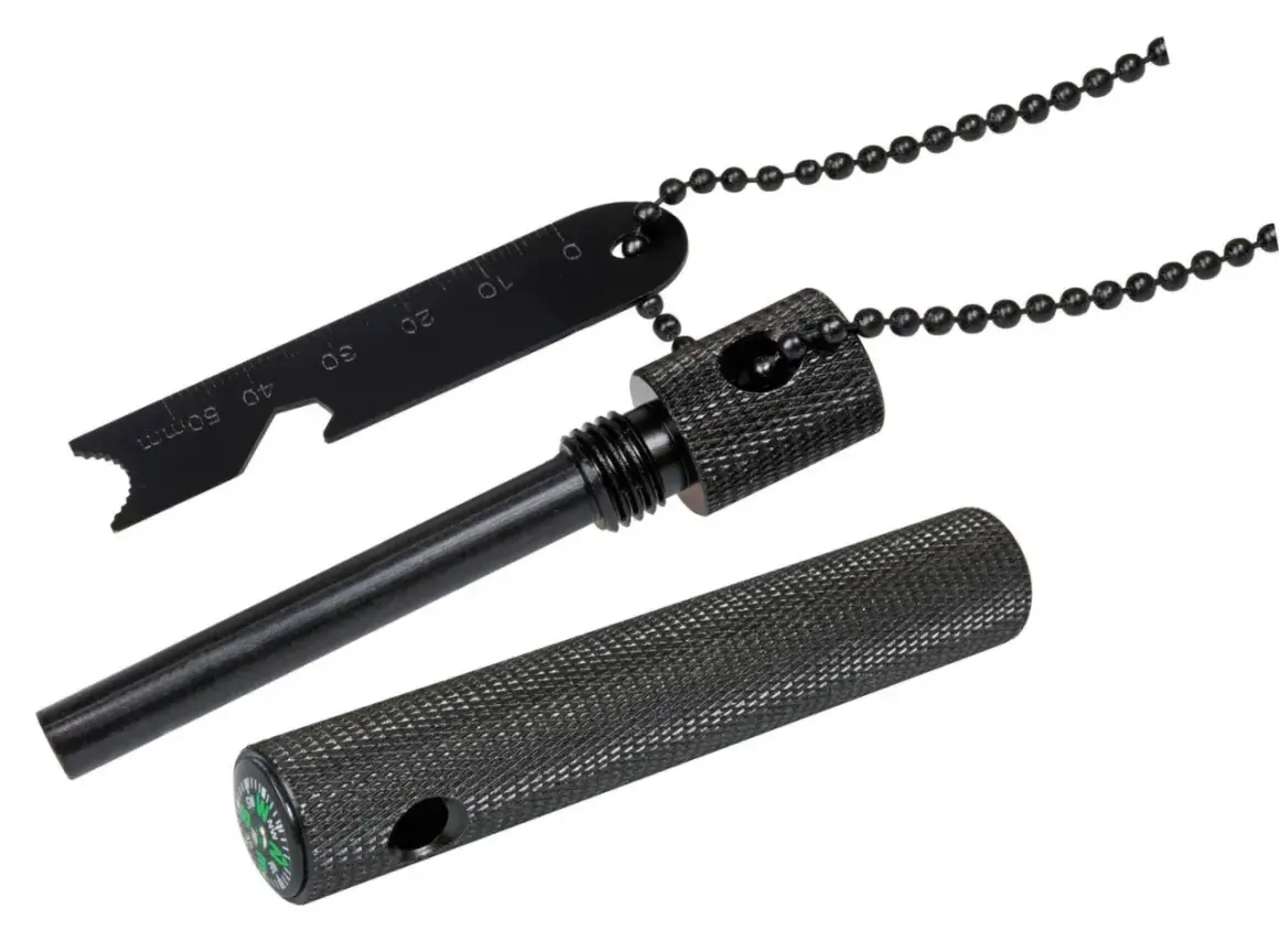 Kit para hacer fuego con pedernal, incluye varilla, rascador con medidas y brújula.