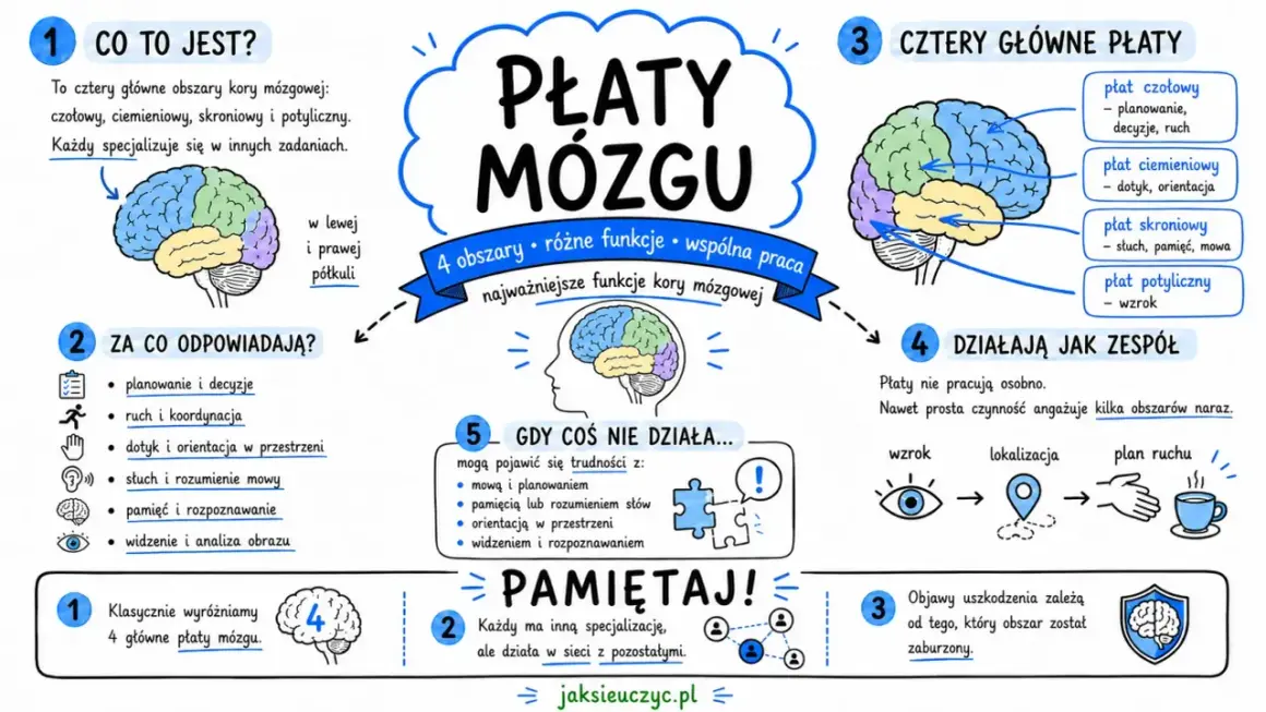 Ilustracja przedstawia płaty mózgu i ich funkcje. Wskazuje, że zaburzenia mowy mogą wynikać z problemów z płatem skroniowym.