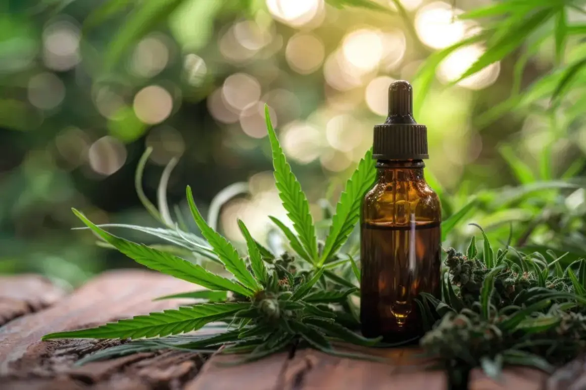 Bursztynowa buteleczka z olejkiem konopnym, otoczona liśćmi i kwiatostanami konopi. Naturalne kannabinoidy w zasięgu ręki.