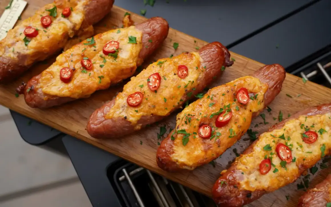 Gerichte mit grober Bratwurst, überbacken mit Käse und garniert mit Chili und Petersilie, liegen auf einem Holzbrett.