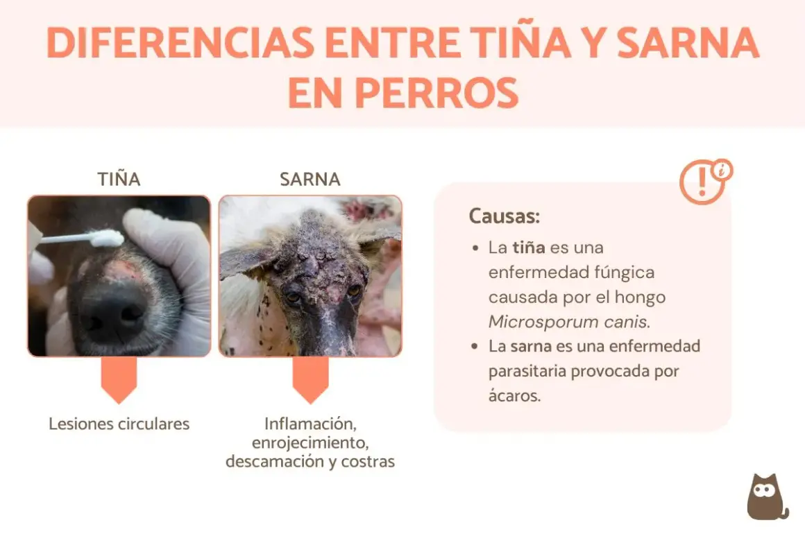 Comparativa visual de tiña y sarna en perros. La tiña, causada por hongos, muestra lesiones circulares. La sarna, por ácaros, provoca inflamación y costras.
