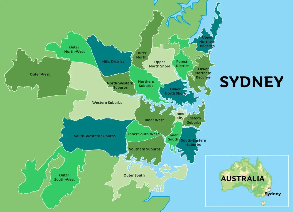 Mapa pokazuje, gdzie jest Sydney, z podziałem na dzielnice: Outer West, Northern Suburbs, Inner West i inne.
