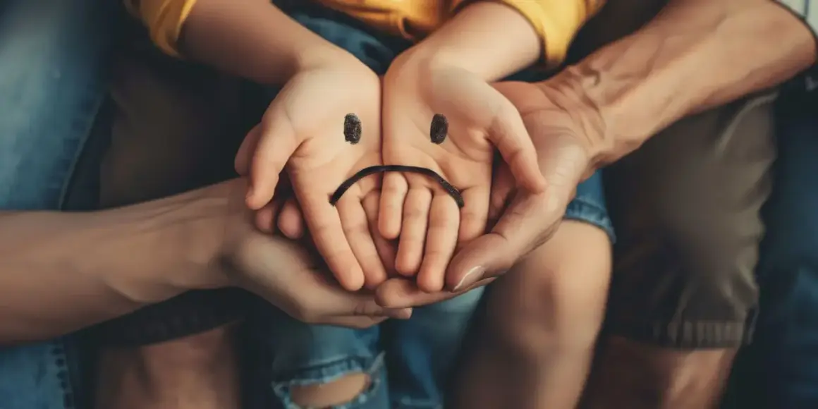 Dziecięce dłonie z namalowaną smutną buźką, otoczone dłońmi dorosłych, symbolizują zaburzone relacje w rodzinie i poczucie smutku.