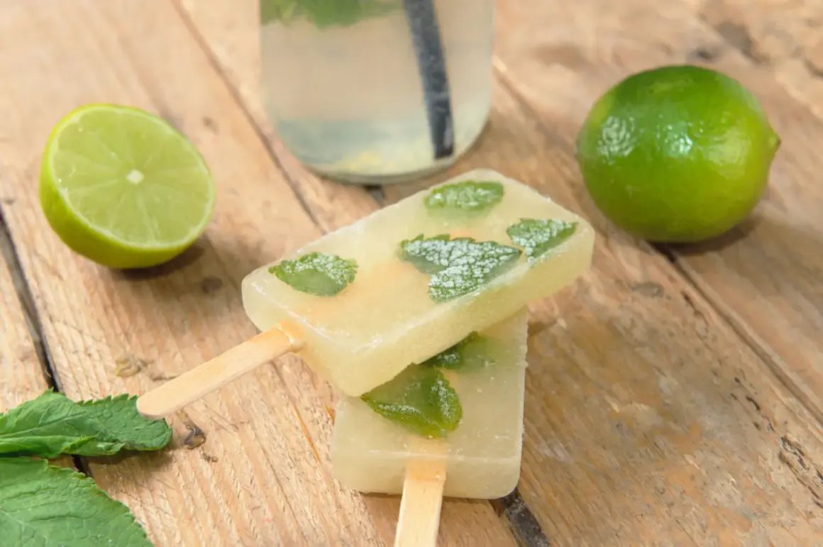 Erfrischendes Mojito Eis mit Minze und Limette auf Holz. Perfekt für heiße Tage!