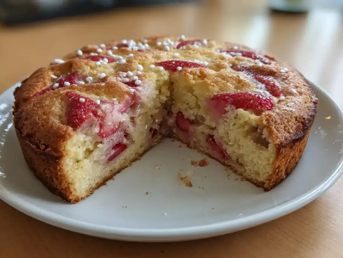 Fredriks fika: saftig rabarberkaka med jordgubbar och pärlsocker. Perfekt till kaffet!