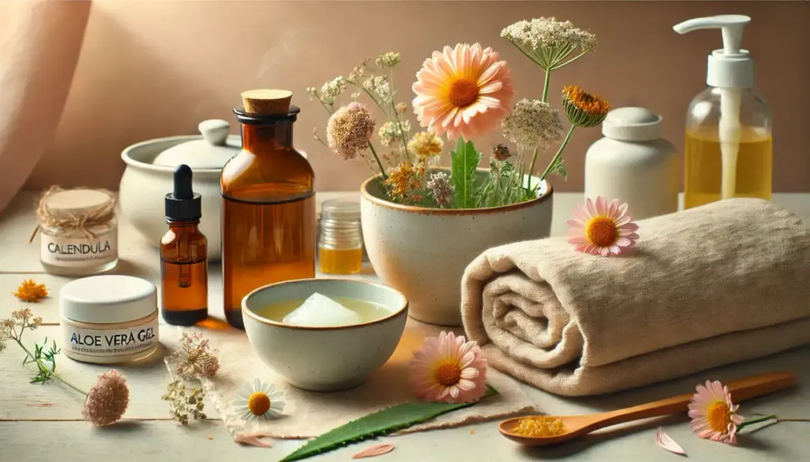 Olio di paraffina a cosa serve? In questa scena rilassante, ingredienti naturali come aloe e calendula si uniscono a oli per la cura della pelle.