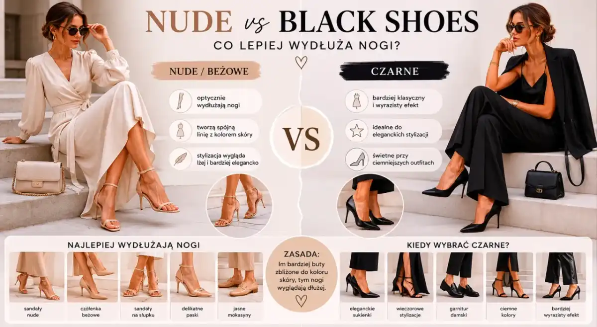 Beżowe buty do czarnej sukienki - Jak dobrać i wydłużyć nogi?