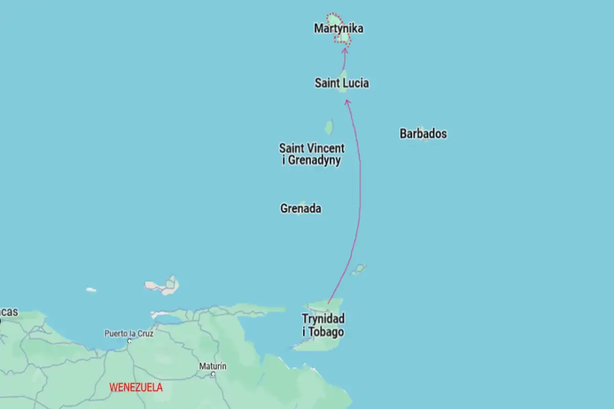 Mapa Karaibów: Martynika leży na północ od Saint Lucia, Saint Vincent i Grenadyn, Grenady oraz Trynidadu i Tobago, blisko Wenezueli.