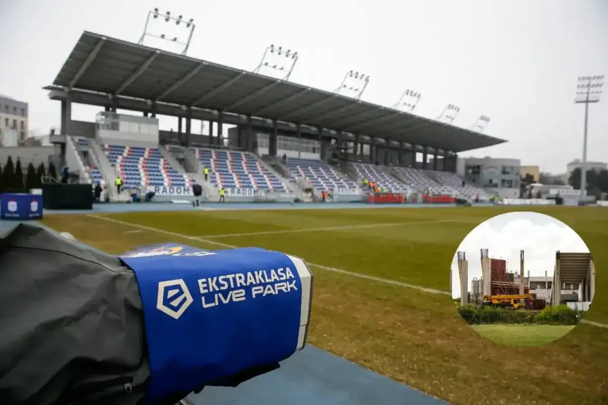 Stadion RKS Radomiak Radom w budowie. Widać trybuny, boisko i fragmenty prac budowlanych.