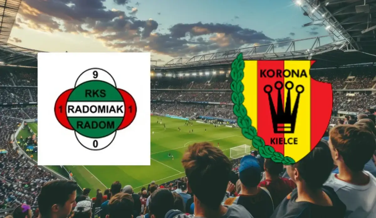 Emblematy Radomiaka Radom i Korony Kielce na tle stadionu. Wynik meczu 1:1.