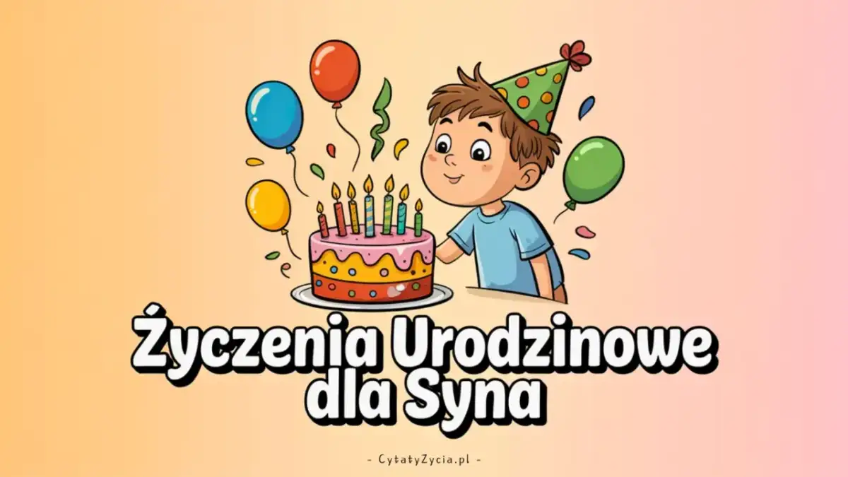 Chłopiec w czapce urodzinowej zdmuchuje świeczki z tortu. Balony i konfetti tworzą radosną atmosferę. Idealne życzenia urodzinowe dla syna.
