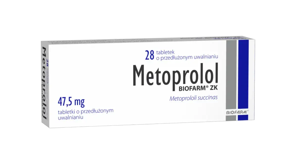 Opakowanie leku Metocard zawierające 28 tabletek o przedłużonym uwalnianiu, dawka 47,5 mg.