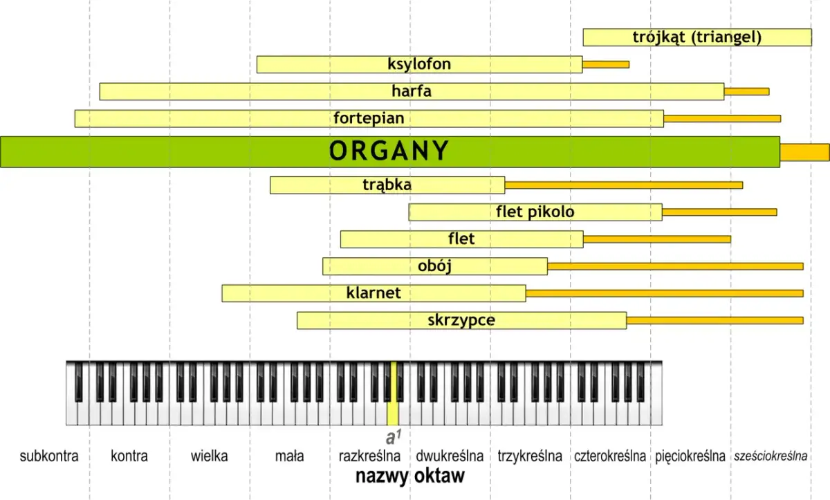Diagram przedstawia zakresy dźwięków instrumentów, od niskich po wysokie. Organy obejmują najszerszy zakres, tworząc potencjalną kakofonię dźwięków.