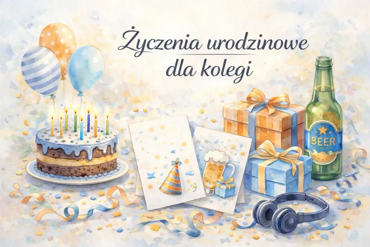 Mądre życzenia urodzinowe dla kolegi: tort, balony, prezenty, piwo i słuchawki.