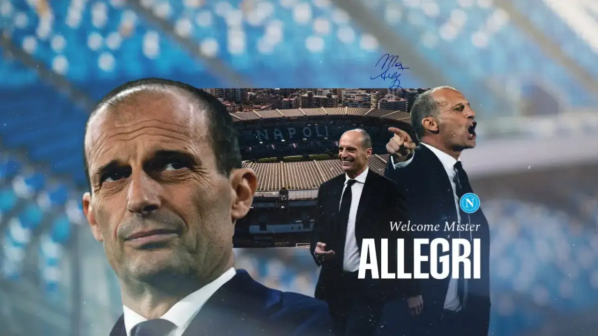 Max Allegri, nowy trener Napoli, w garniturze na tle stadionu.