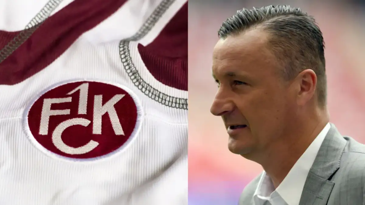 Herb 1. FC Kaiserslautern na białej koszulce obok profilu mężczyzny w szarym garniturze.