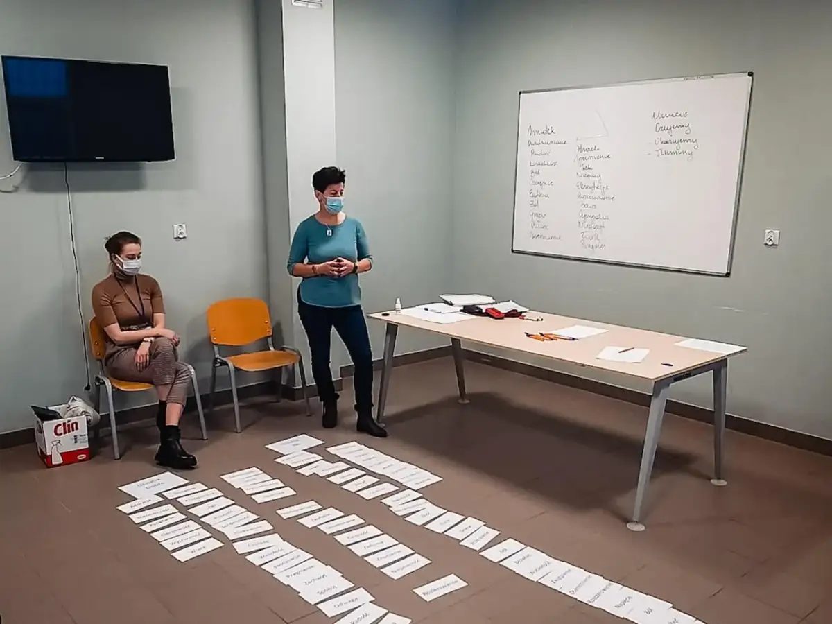 Trening zastępowania agresji: dwie kobiety w maseczkach, tablica z zapiskami, kartki na podłodze.