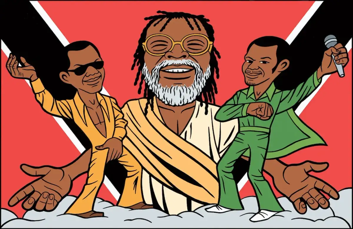 Trzej artyści w stylu calipso na tle flagi Trynidadu i Tobago.
