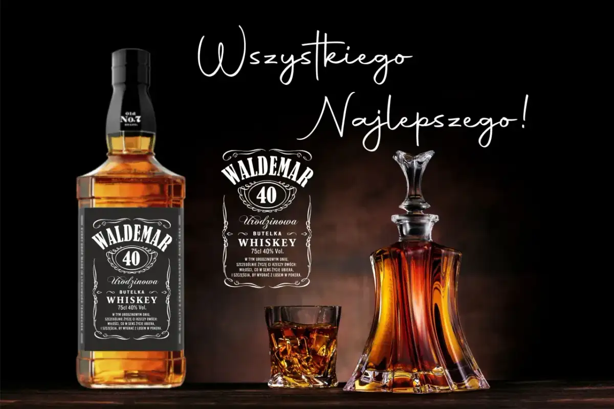 Wszystkiego najlepszego z okazji 65. urodzin! Butelka whiskey Waldemar 40, kieliszek i karafka.
