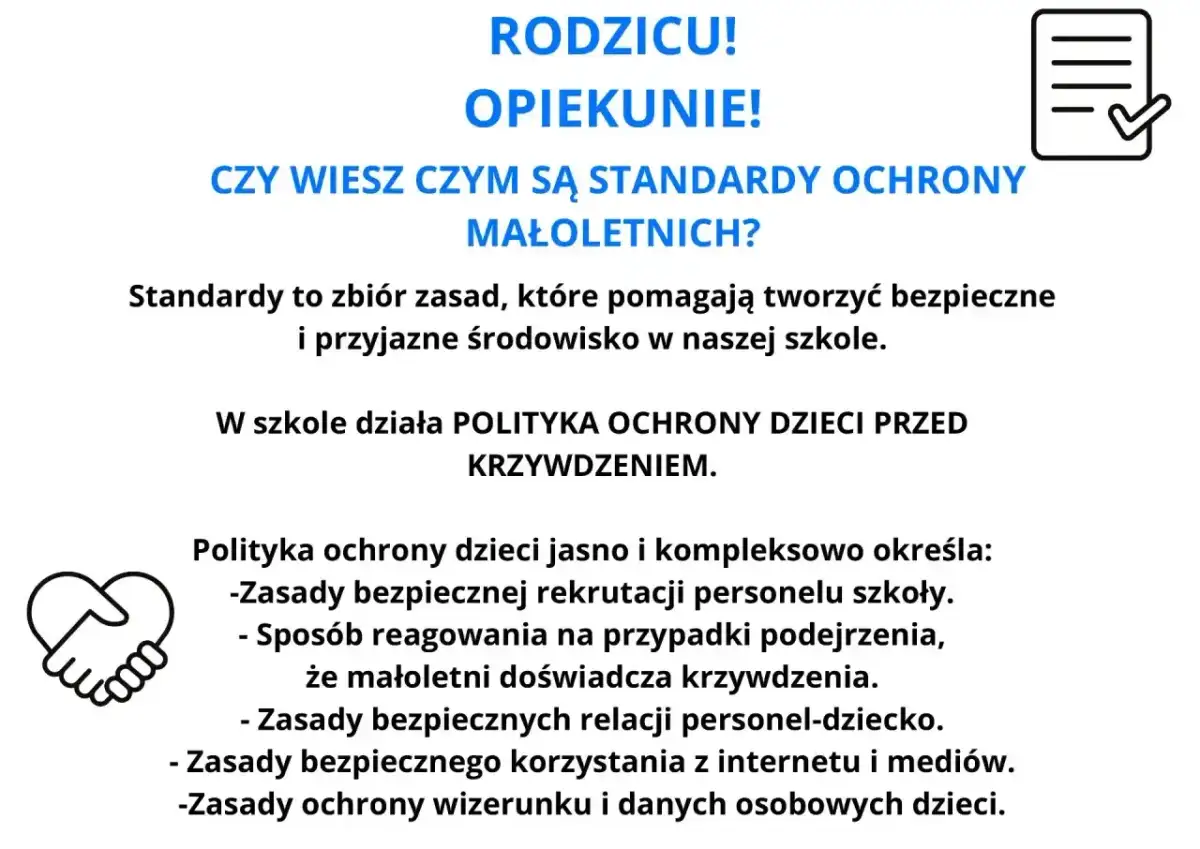 Rodzicu, opiekunie! Czy wiesz, czym są **standardy ochrony małoletnich**? To zasady tworzące bezpieczne środowisko w szkole, chroniące dzieci przed krzywdzeniem.