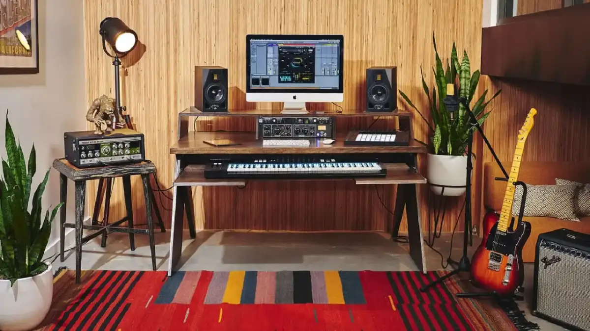 Studio nagraniowe gotowe do tworzenia muzyki do teledysku. Komputer, klawisze, gitara i wzmacniacz czekają na inspirację.